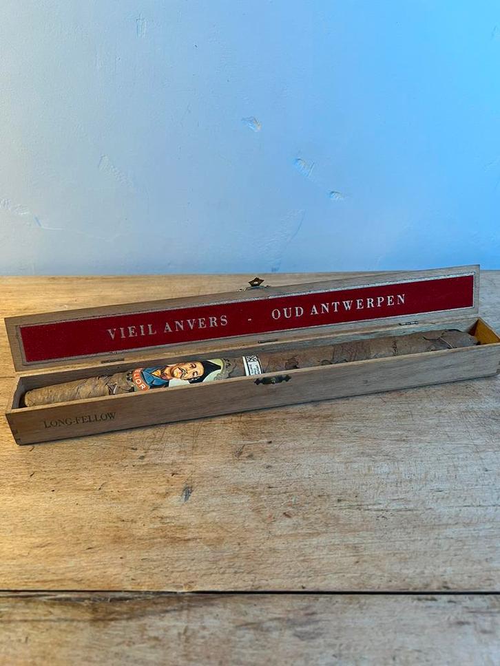 Cigare Vieil Anvers Long-Fellow avec boîte en bois et bague, Verzamelen, Rookartikelen, Aanstekers en Luciferdoosjes, Nieuw, Tabaksdoos of Verpakking