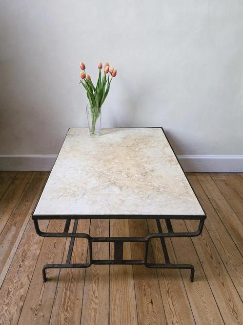 Prachtige salontafel: smeedijzer + hout / natuursteen / glas, Huis en Inrichting, Tafels | Salontafels, Zo goed als nieuw, Minder dan 50 cm