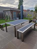 Tuintafel en 2 banken in rvs, Tuin en Terras, Tuintafels, Ophalen, Zo goed als nieuw, Rvs