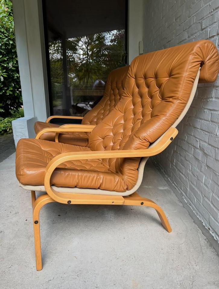 Vintage lederen fauteuils designer Noboru Nakamura, Maison & Meubles, Fauteuils, Utilisé, Enlèvement