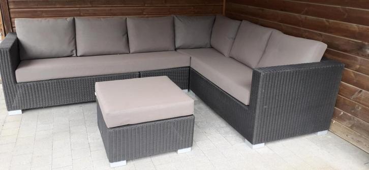 Tuin - Loungeset 294 x 230 x 90 zwart, kussens taupe, Tuin en Terras, Tuinsets en Loungesets, Gebruikt, Loungeset, Kunststof, 5 zitplaatsen