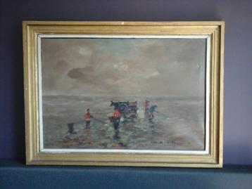 MOOI GROOT SCHILDERIJ VAN H J PAUWELS " DE SCHELPEN VISSERS" beschikbaar voor biedingen