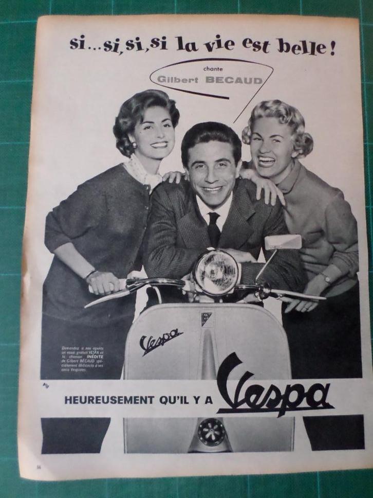 Gilbert Becaud Vespa - publicité papier Vespa - 1957, Verzamelen, Merken en Reclamevoorwerpen, Gebruikt, Overige typen, Ophalen of Verzenden