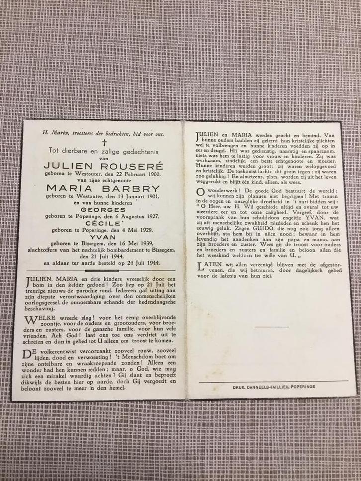 Oorlogsslachtoffers Poperinge Bissegem Westouter +1944 WOII, Verzamelen, Bidprentjes en Rouwkaarten, Bidprentje, Verzenden