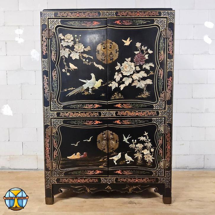 Vintage Chinese lakkast vogels bloemen (speksteen) bohemian, Huis en Inrichting, Kasten | Overige, Gebruikt, Ophalen of Verzenden