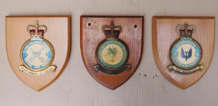 3 R.A.F. Handpainted wapenschilden eik U.K., Antiek en Kunst, Kunst | Beelden en Houtsnijwerken, Ophalen of Verzenden