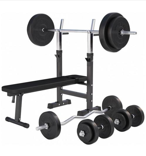 Gorilla Sports halterbank met halterset 100KG, Sport en Fitness, Fitnessapparatuur, Benen, Kunststof, Ophalen