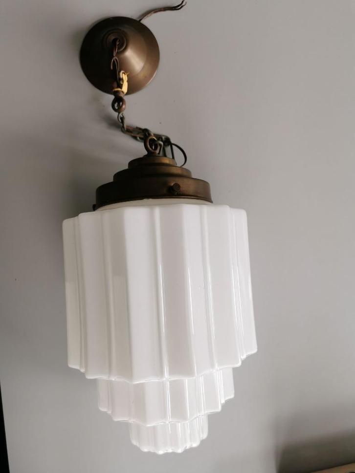 Originele Art Deco hanglamp – opaline glas & koper, Huis en Inrichting, Lampen | Hanglampen, Gebruikt, Glas, Metaal, Ophalen