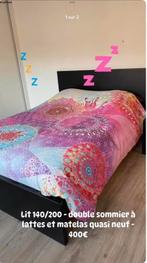 Lit bois 140/200 - double sommier à lattes et matelas 23 cm, Maison & Meubles, Enlèvement, Noir, Bois