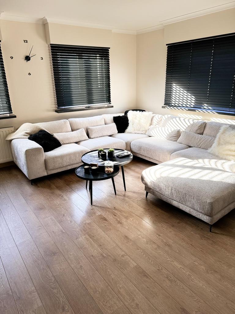 Canapé d'angle + pouf en tissu Fusion – Beige 304 x 344 cm, Maison & Meubles, Canapés | Coins salons complets, Comme neuf, Tissus