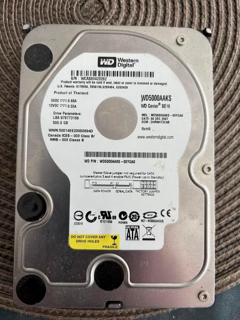 Hdd Western digital 500gb, Computers en Software, Harde schijven, Ophalen, Zo goed als nieuw, HDD