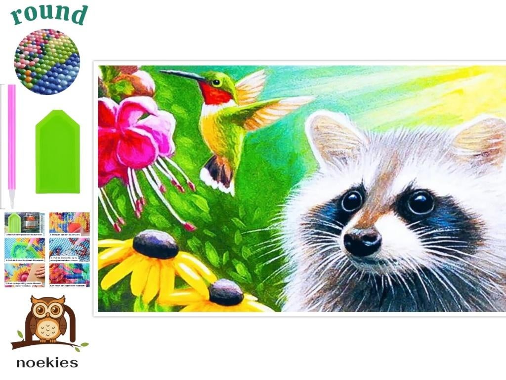 nr 2092 Peinture au diamant raton laveur avec oiseau 30x20cm, Neuf, Multicolore, Autocollant, Autres matériaux