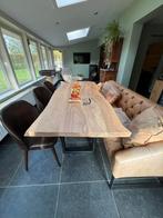 Unieke boomstam eettafel met lederen zetel en 3 stoelen, Huis en Inrichting, Ophalen, Zo goed als nieuw