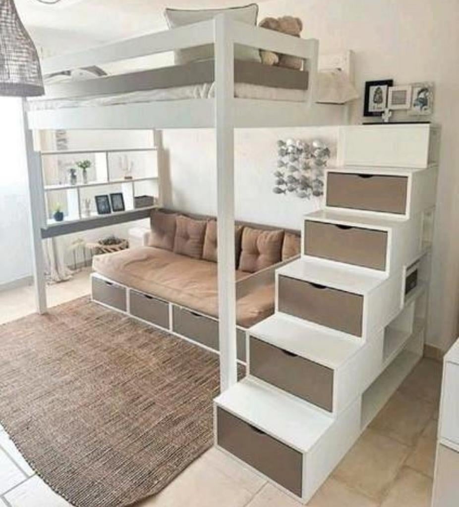 Lit mezzanine 120x200 en pin massif, avec escalier cubes, Utilisé, Lit mezzanine