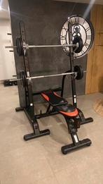 Musculation, banc avec supports, barres et poids, Sports & Fitness, Enlèvement, Utilisé