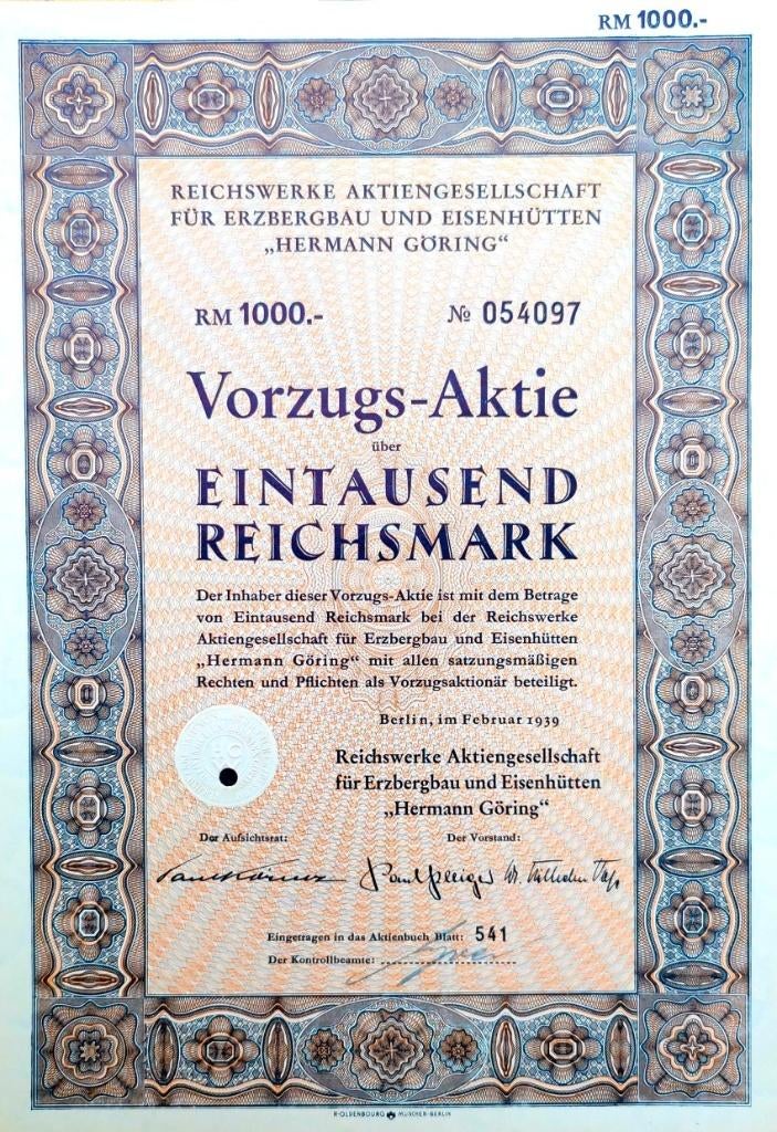 Reichswerke für Erzbergbau&Eisenhütten "Hermann Göring" 1939, Ophalen of Verzenden, 1920 tot 1950, Aandeel