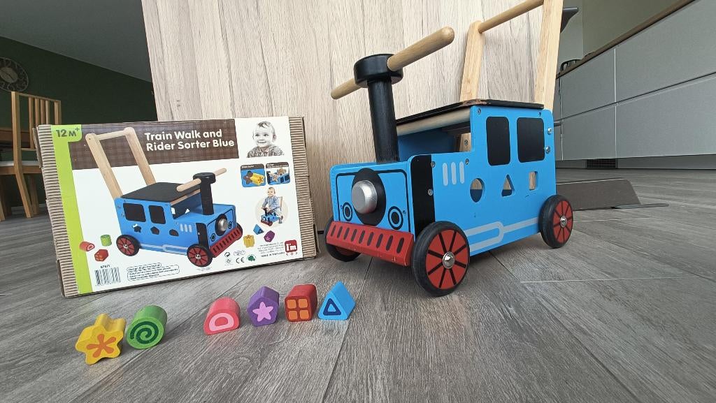 Houten looptreintje blauw met 6 houten blokken, Ophalen, Gebruikt, Duw- of Trekspeelgoed