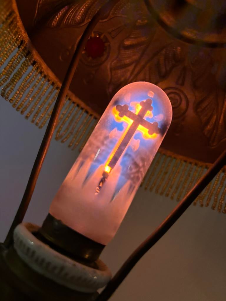 Vintage Art Nouveau  messing tafellamp kruis gloeilamp, Ophalen, Zo goed als nieuw, Glas