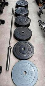 155kg Crossmaxx Bumperplates + Crossmaxx Barbell 220cm ,20kg, Sport en Fitness, Ophalen, Gebruikt, Halterschijven