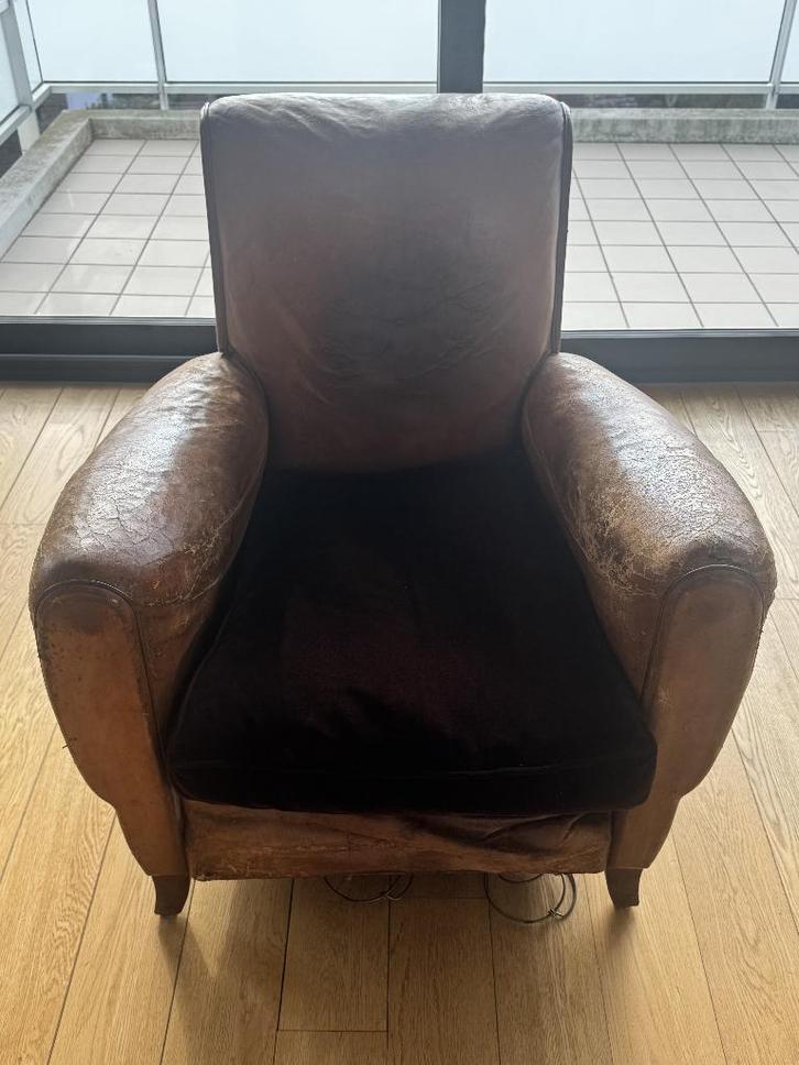 Fauteuil club vintage en cuir cognac – années 60, Maison & Meubles, Fauteuils, Utilisé, Bois, Cuir, 50 à 75 cm, Moins de 75 cm