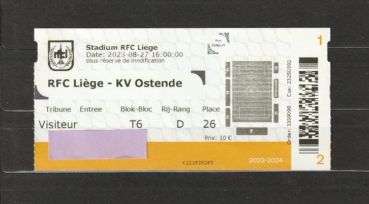 (gebruikt) ticket RFC Liège - KV Oostende : 27/08/2023, Verzamelen, Sportartikelen en Voetbal, Gebruikt, Overige typen, Ophalen of Verzenden
