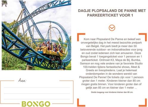 2 tickets plopsaland De Panne + parking (Bongo), Tickets en Kaartjes, Recreatie | Pretparken en Attractieparken, Twee personen