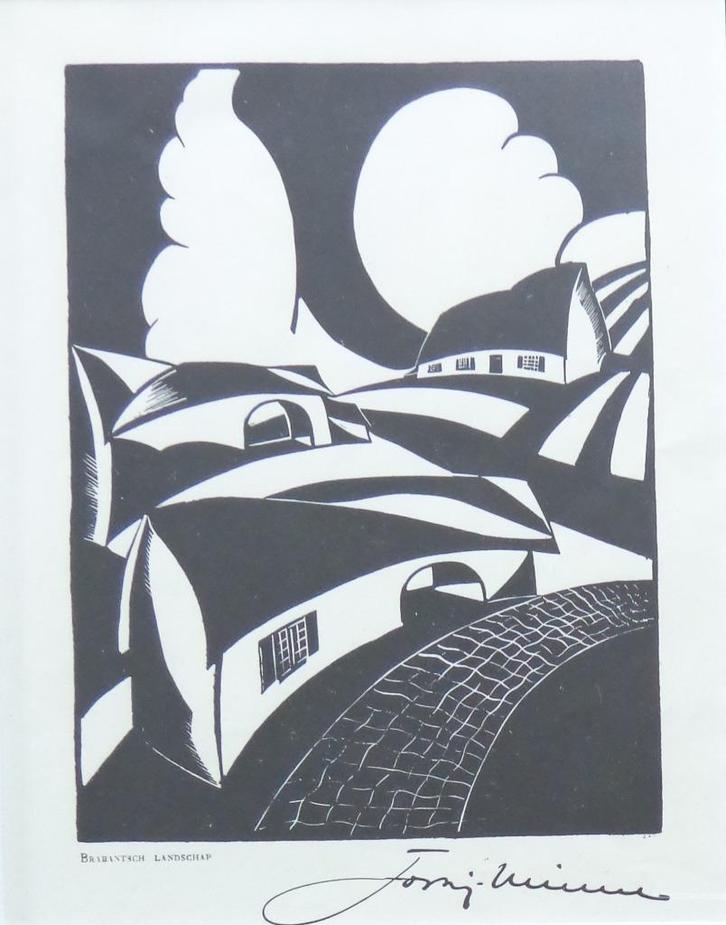 JORIS MINNE / BRABANTS LANDSCHAP / HOUTSNEDE / 43x33cm KADER, Antiek en Kunst, Kunst | Litho's en Zeefdrukken, Ophalen of Verzenden