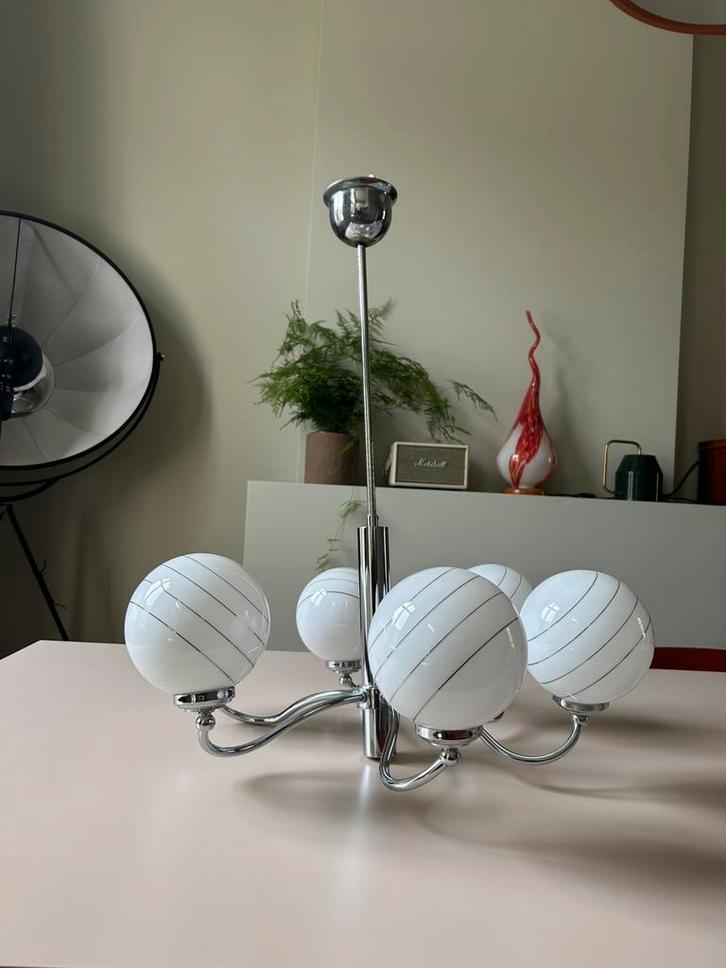 Vintage luster met 6 glazen bollen - Massive ‘80, Huis en Inrichting, Lampen | Hanglampen, Zo goed als nieuw, Glas, Metaal, Ophalen