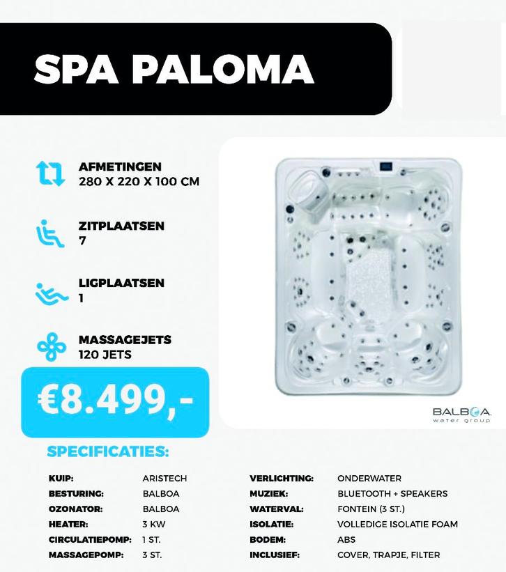 Spa Paloma – 8 persoons jacuzzi – 280x220x100cm – 120 jets!, Tuin en Terras, Zwembad-toebehoren, Nieuw, Filter, Ophalen of Verzenden