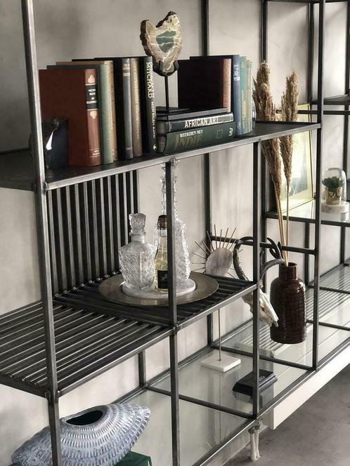 Stalen kast, wandkast, industriele kast, toonkast, servieska, Huis en Inrichting, Kasten | Wandmeubels, Nieuw, Eikenhout, Glas