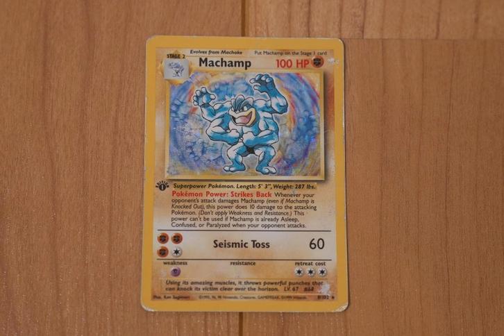 1999 1st edition Machamp Holo zeldzame Shadow misprint, Hobby en Vrije tijd, Verzamelkaartspellen | Pokémon, Gebruikt, Losse kaart