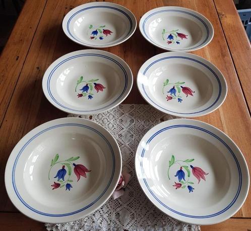 6 Oude Franse borden, bloemen/klokjes, Luneville Francoise, Antiek en Kunst, Antiek | Servies los, Ophalen of Verzenden