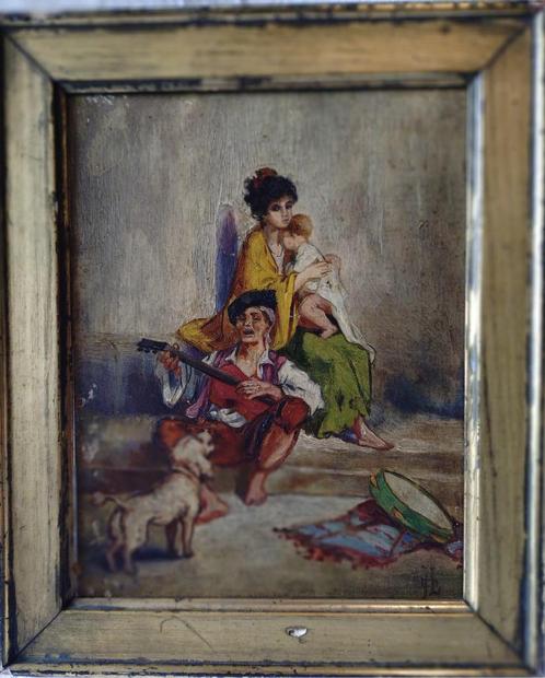 Oude schilderkunst - Scène uit het Boheemse leven met muzenf, Antiek en Kunst, Kunst | Schilderijen | Klassiek, Ophalen of Verzenden