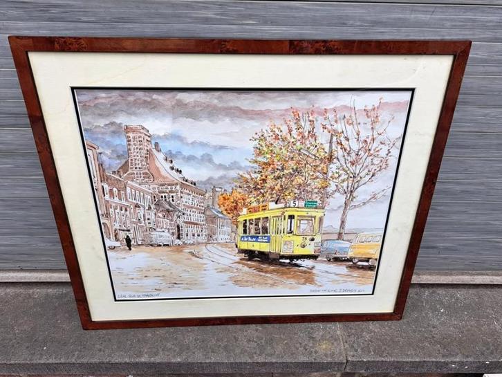 dessin aquarelle liege quai de maastricht signe jean dengis, Antiek en Kunst, Kunst | Schilderijen | Klassiek, Ophalen of Verzenden
