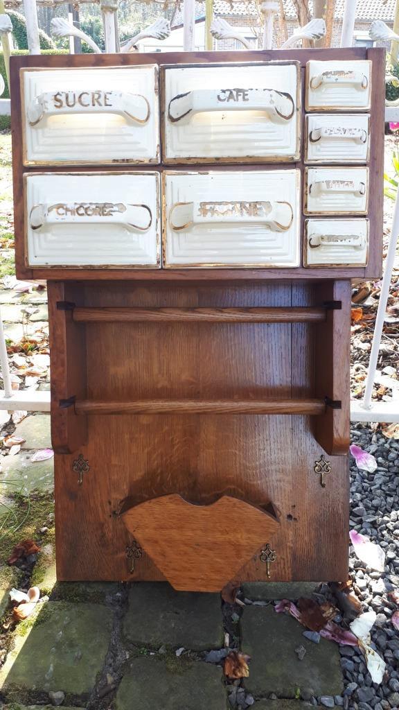 Vintage houten kruidenrek - kastje + 8 keramieken lades, Antiek en Kunst, Curiosa en Brocante, Ophalen