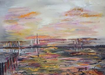 Kunsthandel Gennep - "Zeegezicht Bij Avondzon" beschikbaar voor biedingen