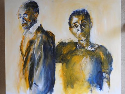 Schilderij geelblauw Koppel ‘Refugees’– Olieverf op doek, Antiek en Kunst, Kunst | Schilderijen | Modern, Ophalen