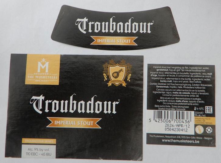 Bieretiket Troubadour Imperial stout The Musketeers 10b6, Verzamelen, Biermerken, Gebruikt, Verzenden