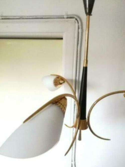 Lustre stilnovo Doré laiton 3 feux 1950 Gold, Huis en Inrichting, Lampen | Kroonluchters, Gebruikt, Glas, Metaal, Ophalen