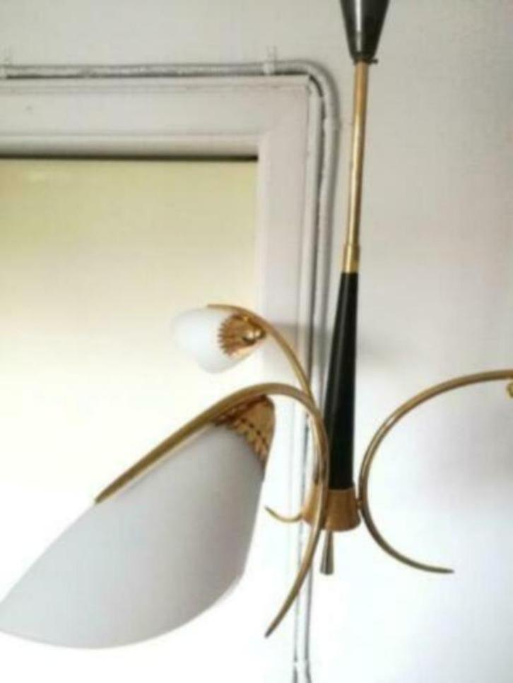Lustre stilnovo Doré laiton 3 feux 1950 Gold, Huis en Inrichting, Lampen | Kroonluchters, Gebruikt, Glas, Metaal, Ophalen
