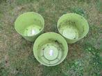 3 groene bloempotten - gebruikt - rond, 25 tot 40 cm, Kunststof, Tuin, Rond