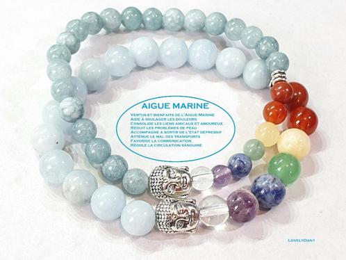 1 Bracelet Bouddhiste Pierre Semi précieuse Aigue Marine + p, Bijoux, Sacs & Beauté, Bracelets, Neuf, Autres matériaux, Bleu, Envoi