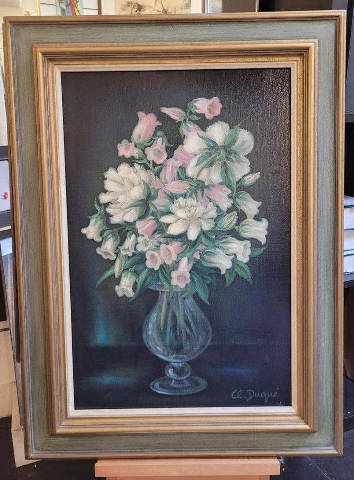 Claudine DUQUÉ, bloemen, Antiek en Kunst, Kunst | Schilderijen | Klassiek, Ophalen of Verzenden