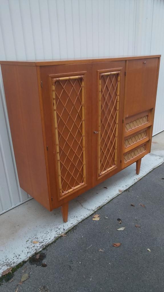 Original meuble vintage scandinave bois/rotin multi fonction, Huis en Inrichting, Kasten | Dressoirs, Gebruikt, Ophalen