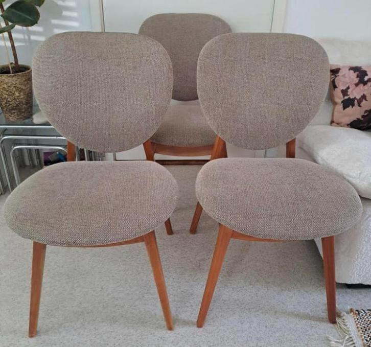 3 x Louis van Teeffelen Eettafelstoelen Jr. 60, Huis en Inrichting, Zetels | Complete zithoeken, Gebruikt, Hout, Stof, Ophalen