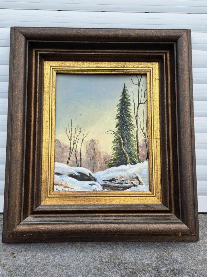 huile sur toile cartonne paysage enneige signe breedam, Antiek en Kunst, Kunst | Schilderijen | Klassiek, Ophalen of Verzenden