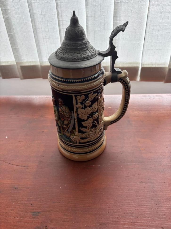 Oude Duitse bierpul met tinnen deksel – handgemaakt, Verzamelen, Biermerken, Gebruikt, Pul(len), Overige merken, Ophalen of Verzenden