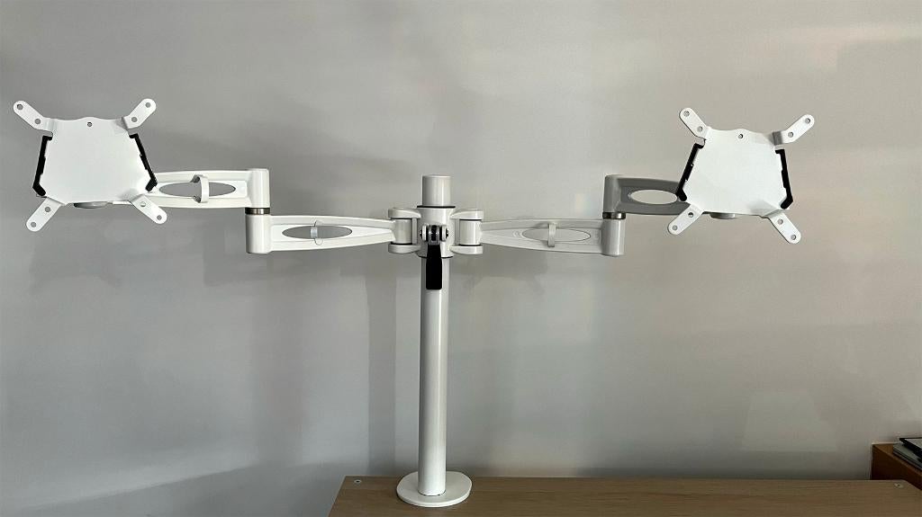 Dubbele monitorarm wit met tafelklem, Ophalen of Verzenden, Zo goed als nieuw