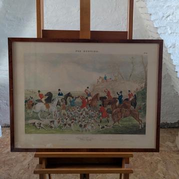 Engelse handgekleurde gravure fox hunting ingekaderd beschikbaar voor biedingen