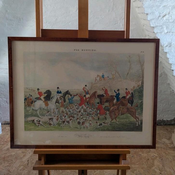 Engelse handgekleurde gravure fox hunting ingekaderd, Antiek en Kunst, Kunst | Etsen en Gravures, Ophalen of Verzenden